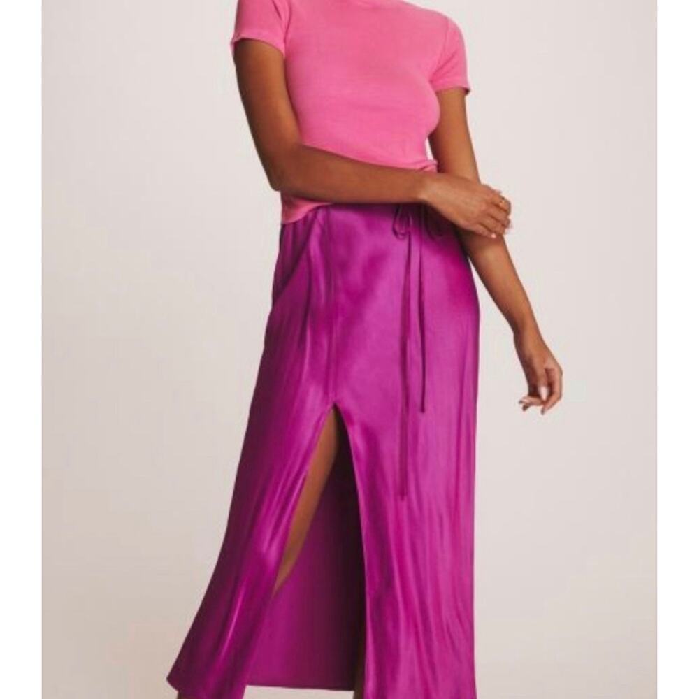 Anthropologie Pink Satin Midi Skirt Small High Slit Silky Slip Skirt
